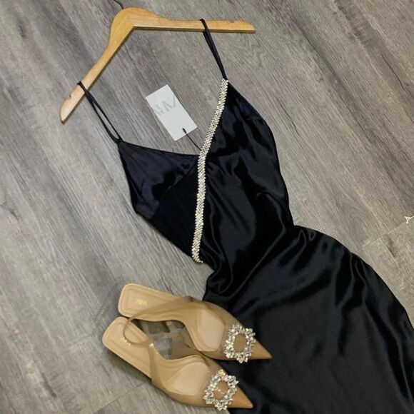 SATIN EFFECT RHINESTONE DRESS ZARA - Picture 1 of 16